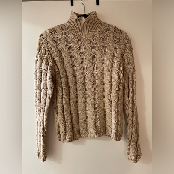 L.L Bean Tan Beige Cable Knit Turtle Neck Sweater Size XS - Picture 1 of 5